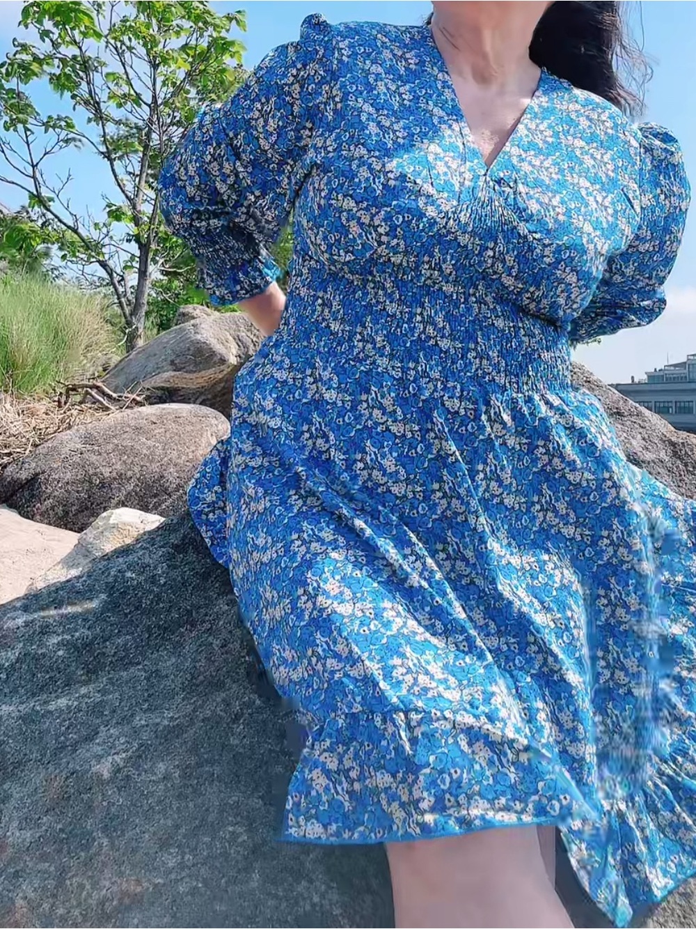 Source Unknown Blue Floral Smocked-Waist Long-Sleeve Mini Dress